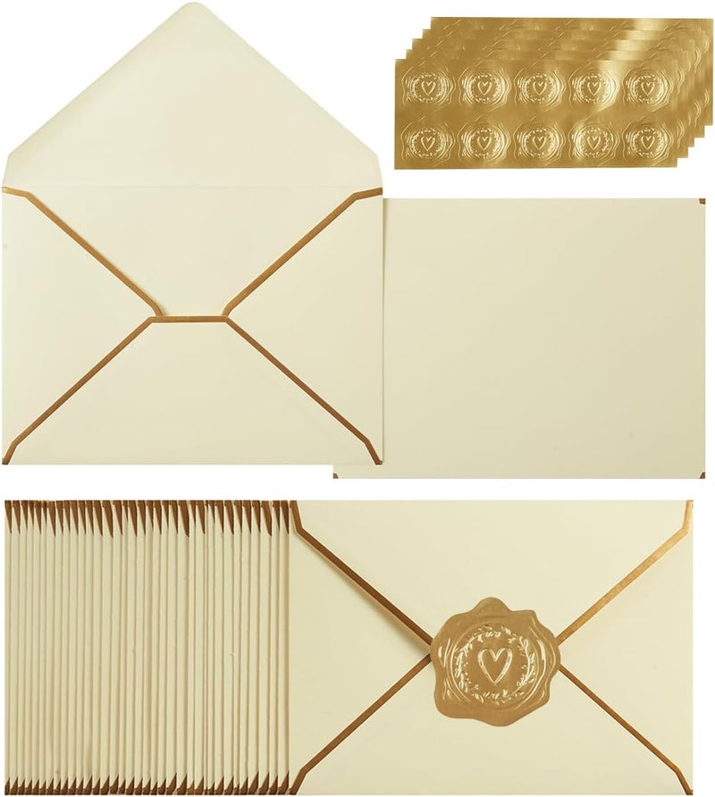 Homtable 100 Pack A7 Envelopes 5 x 7 Card Envelopes V Flap with Gold Border for Office, Wedding Gift Cards, Invitations, Graduation, Baby Shower, Parties (Cream Color, 5.32 x 7.28 Inches) - Image 1